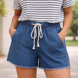 One 5 One High-Waisted Drawstring Denim Shorts Stonewash Blue NWT Size M